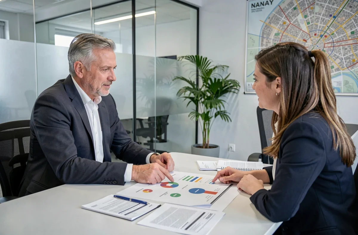 Conseiller en assurance habitation présentant une offre à un client dans un bureau de Nancy