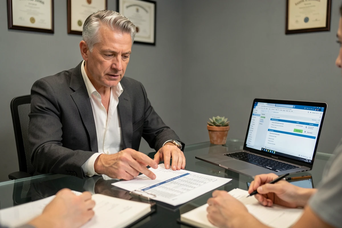 Conseiller financier expliquant le calcul du reste à vivre pour un emprunt de 200 000 euros à un client en agence