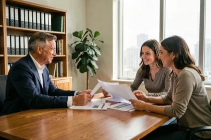 Conseiller immobilier locatif présentant un projet d'investissement à un couple dans un bureau professionnel