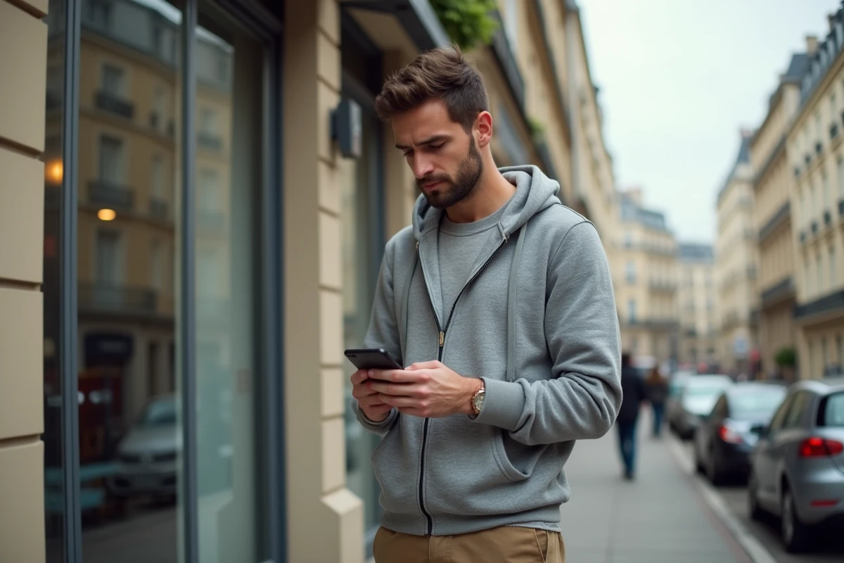 Homme consultant une annonce de location sur smartphone devant un immeuble résidentiel parisien