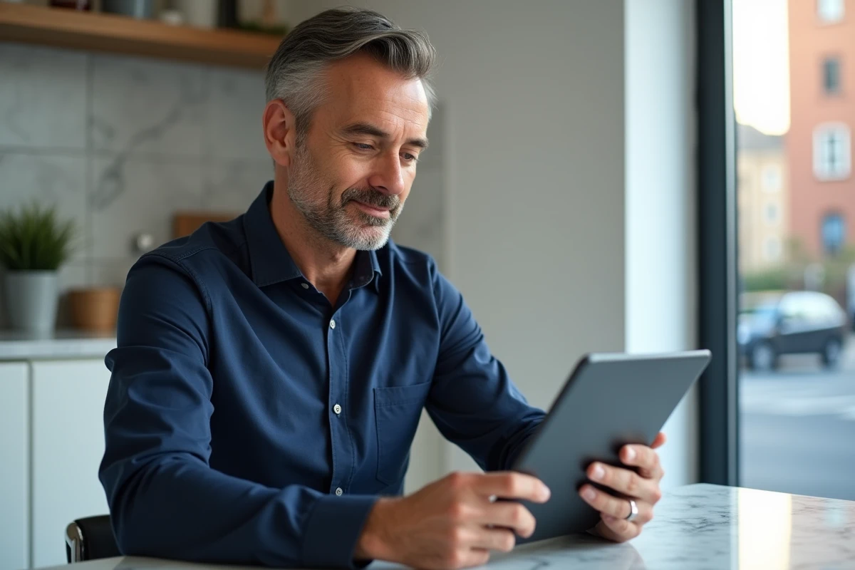 Homme consultant son compte MyFoncia sur une tablette depuis sa cuisine pour gérer ses documents de location