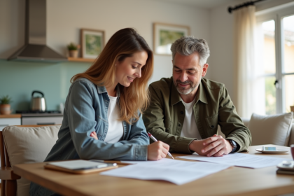 Couple vérifiant un contrat de location dans une cuisine lumineuse