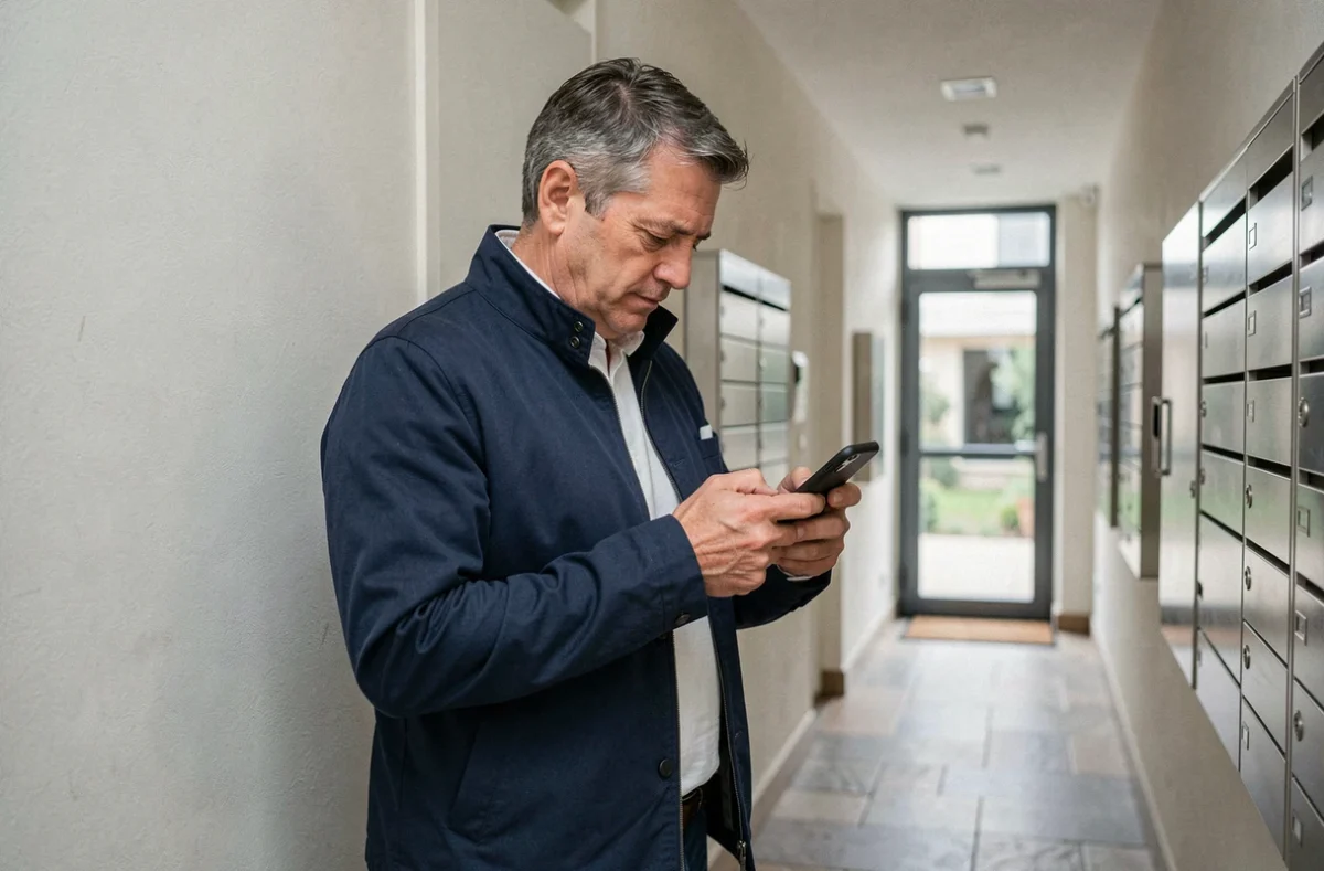 Copropriétaire consultant l'application MyFoncia sur smartphone dans le couloir de son immeuble