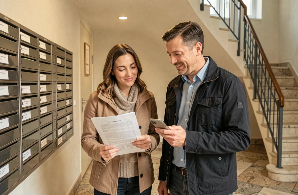 Deux copropriétaires consultant ensemble des documents de syndic et l'espace client MyFoncia dans un hall d'immeuble