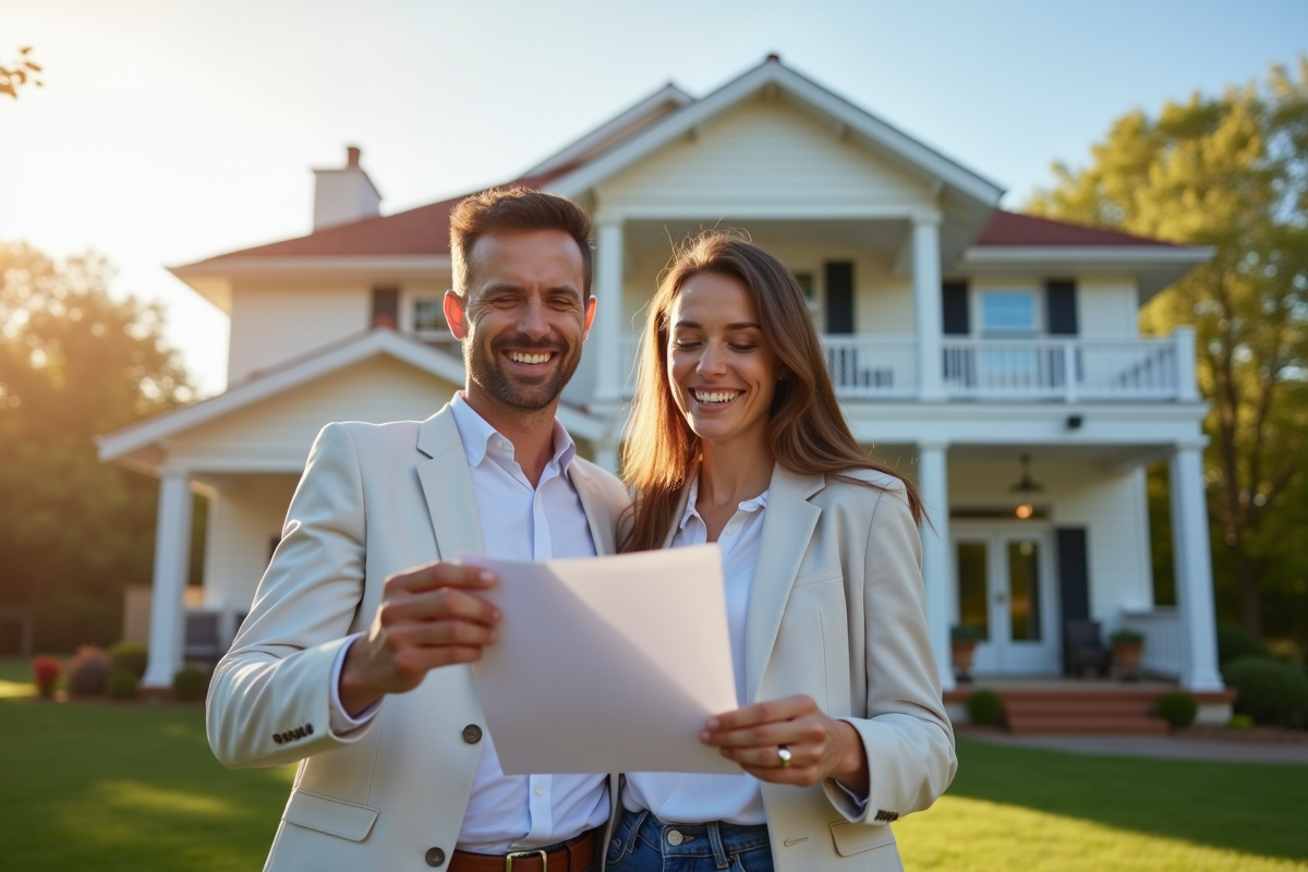 Couple avec clés devant une maison lumineuse