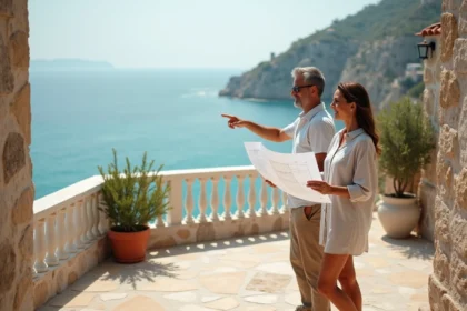 Couple examinant les plans d'une maison avec vue sur la mer depuis une terrasse en pierre méditerranéenne