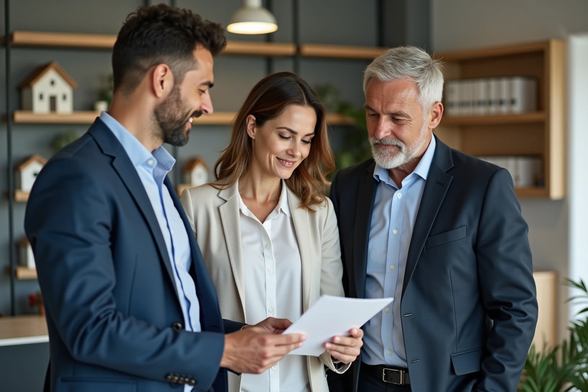 Couple discutant avec agent immobilier dans un bureau