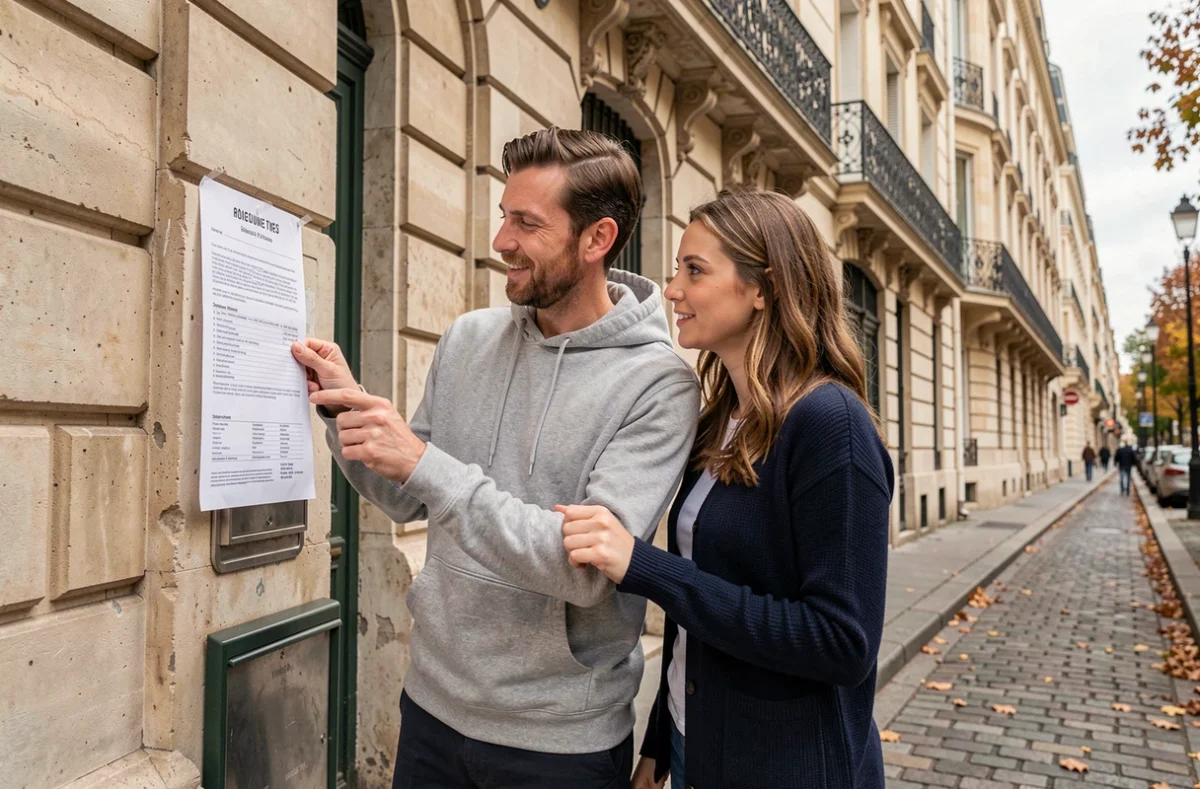 Couple examinant une annonce de logement social devant un immeuble haussmannien parisien à la recherche d'un premier appartement