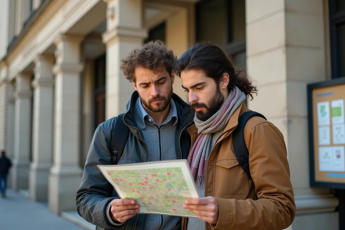Couple consultant une carte des zones tendues devant une préfecture française