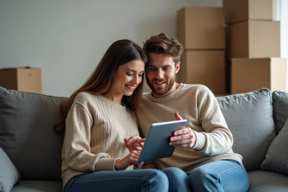Couple comparant deux plateformes immobilières sur tablette dans un appartement en cours d'emménagement