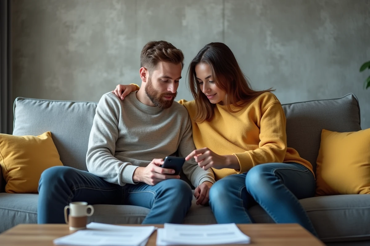 Couple en train de configurer ensemble les réglages du compte copropriété MyFoncia sur smartphone dans un salon moderne