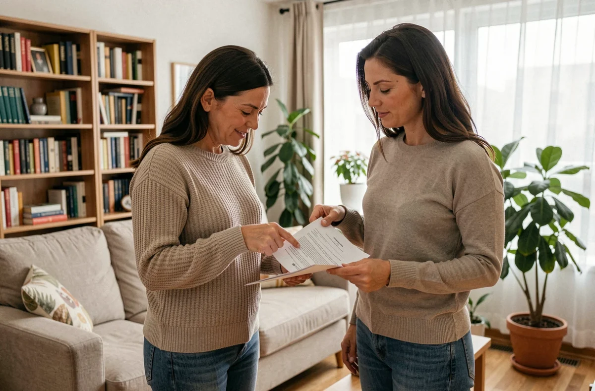 Couple examinant un contrat d'assurance habitation économique dans leur salon