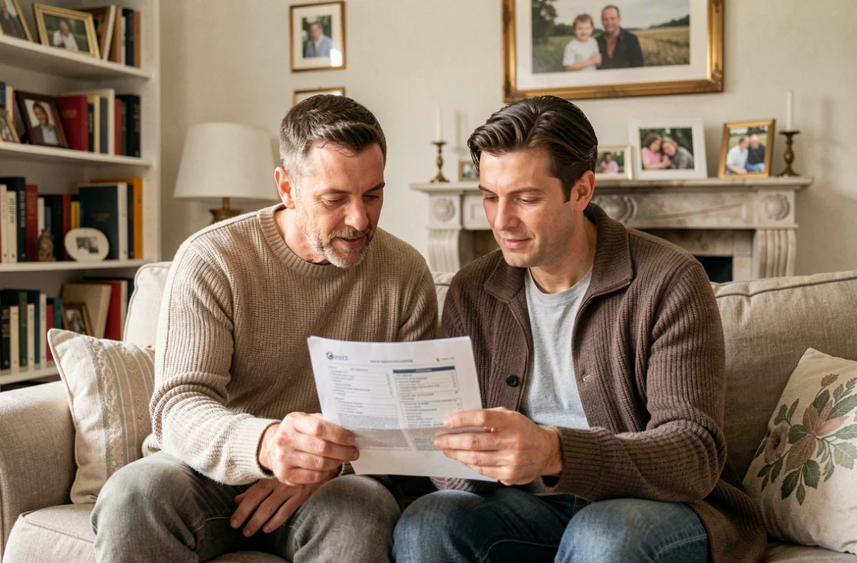 Couple examinant ensemble un contrat d'assurance habitation dans leur salon à Thionville