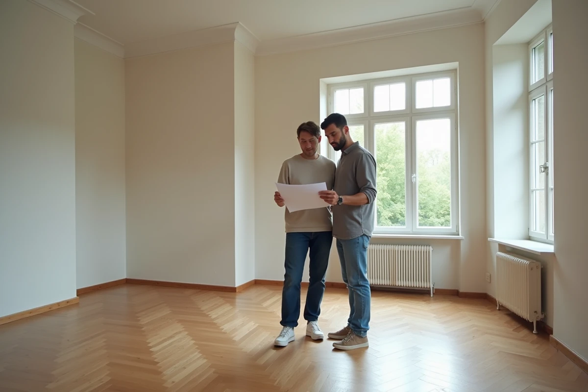 Couple analysant un rapport d'estimation immobilière dans une maison vide à vendre