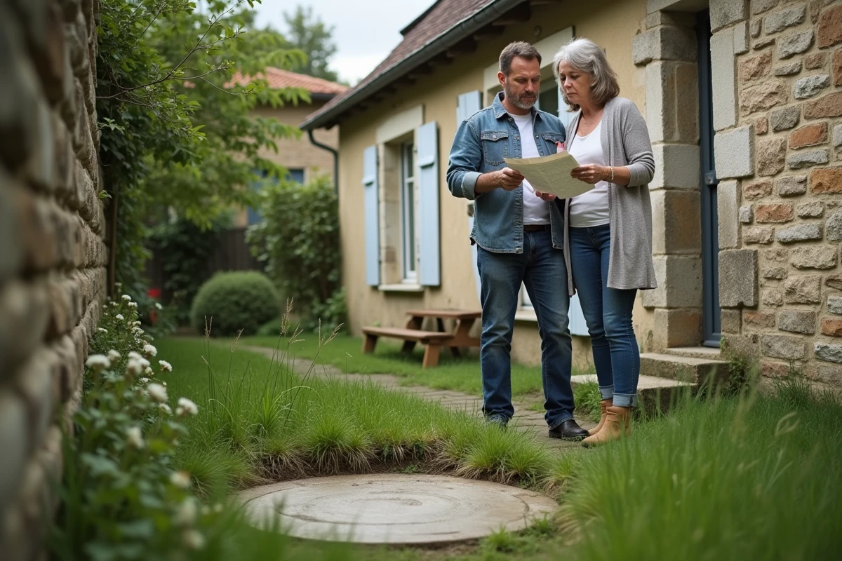 Couple examinant une fosse septique non conforme dans le jardin d'une maison ancienne en pierre