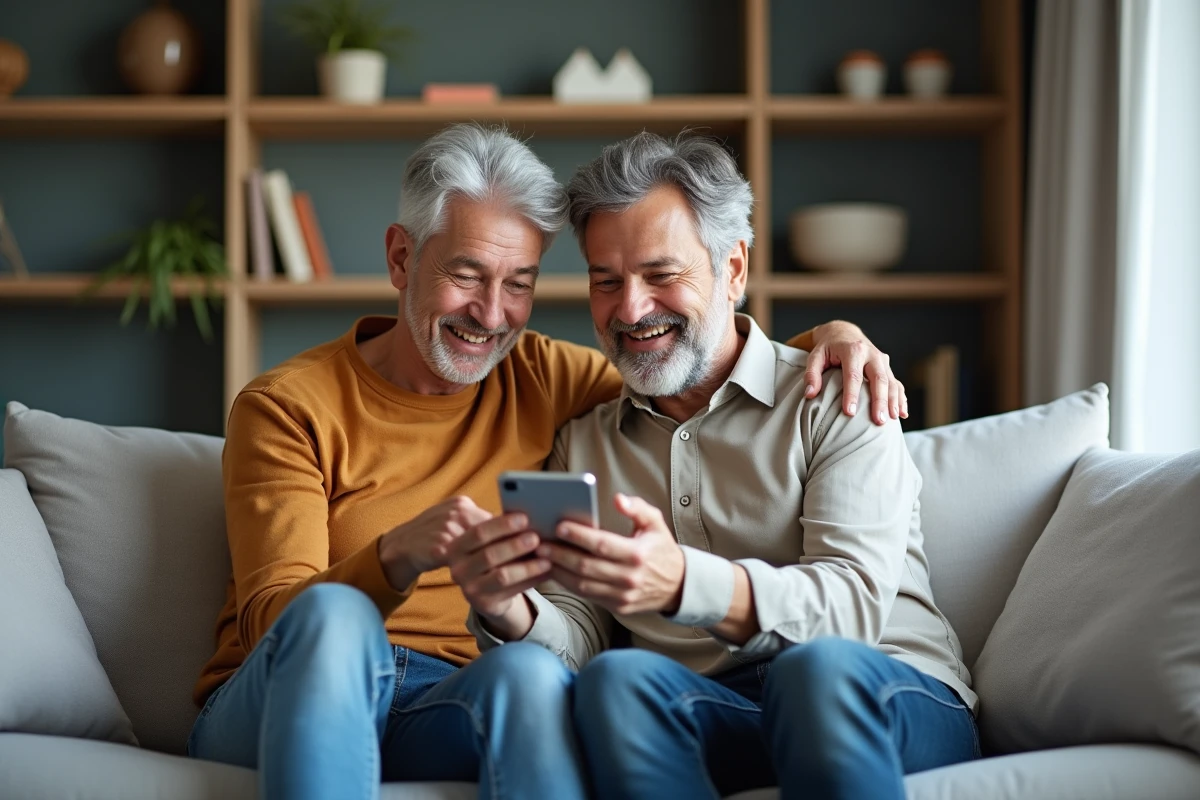 Couple consultant ensemble l'espace client MyFoncia sur smartphone dans leur salon pour la gestion de leur bien immobilier