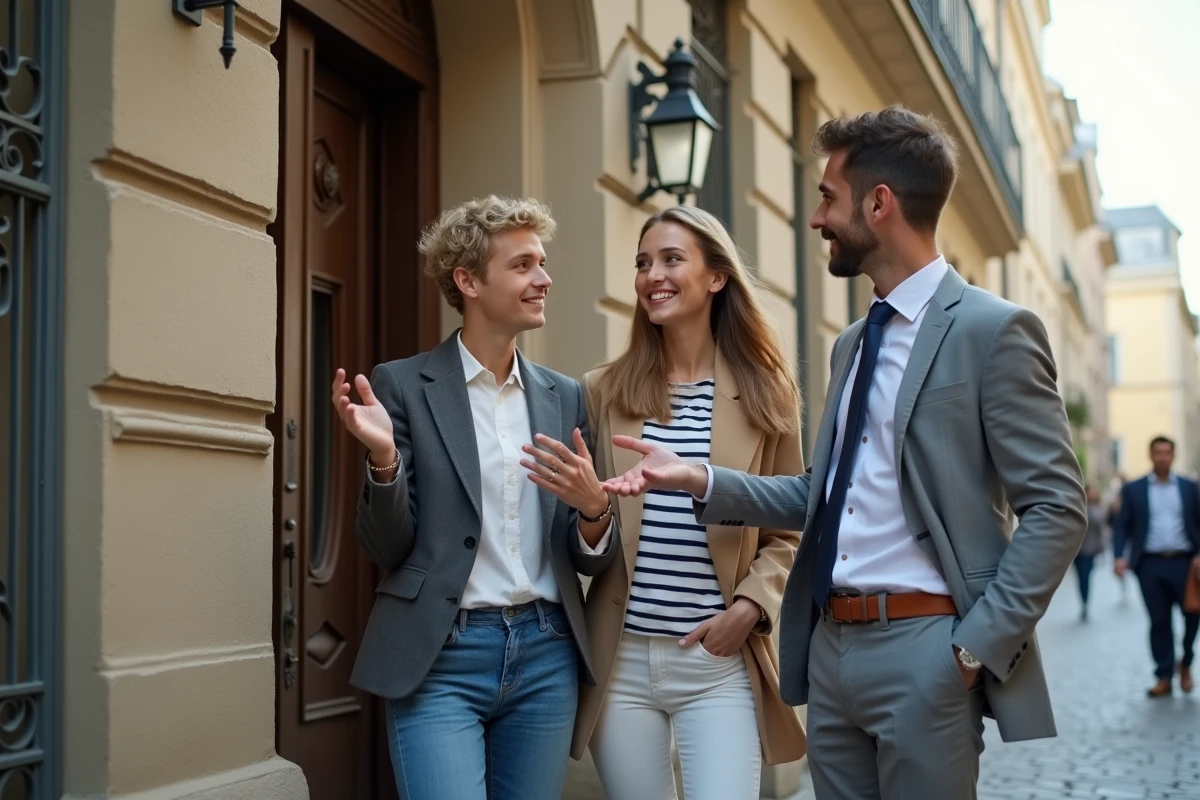 Jeune couple discutant devant un immeuble lyonnais