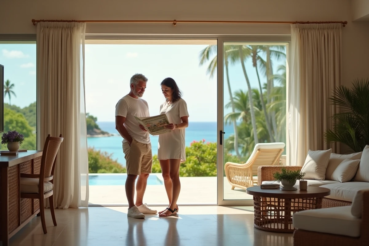 Couple examinant une brochure de location de villa haut de gamme à Saint-Barthélemy dans un intérieur luxueux