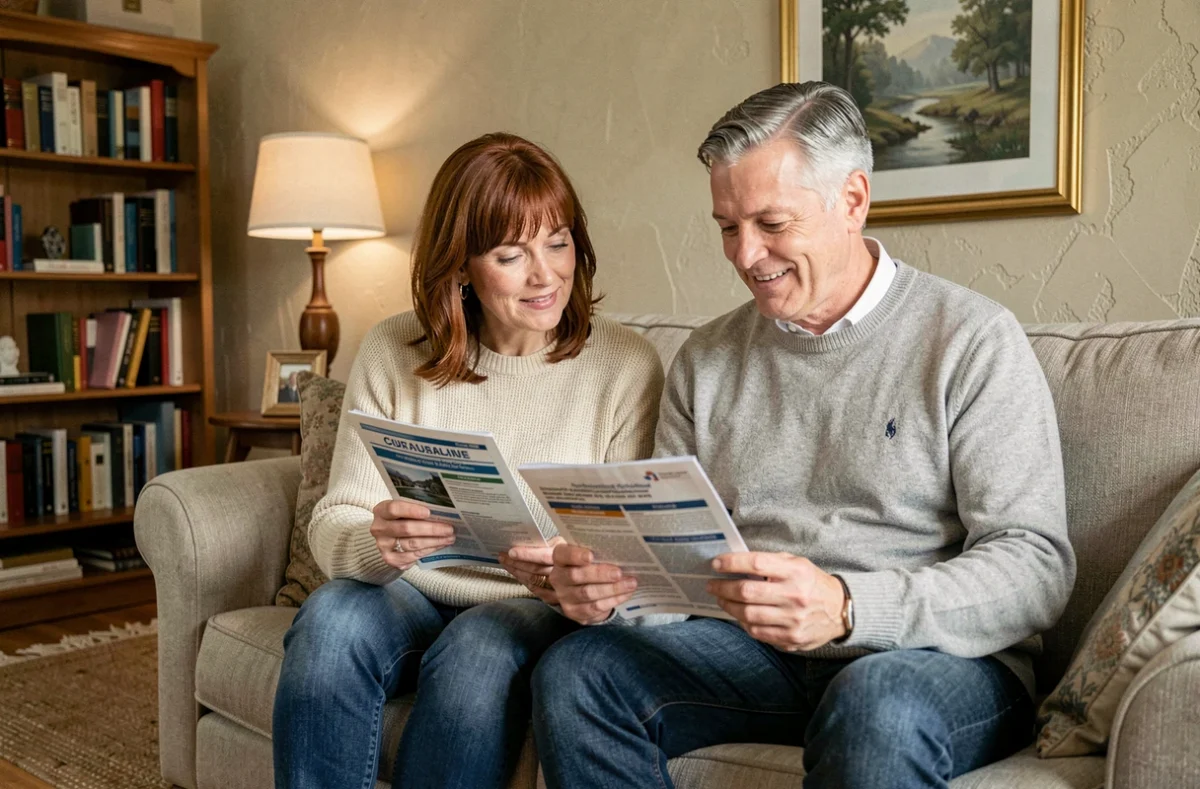 Couple de propriétaires comparant des offres d'assurance habitation dans leur salon