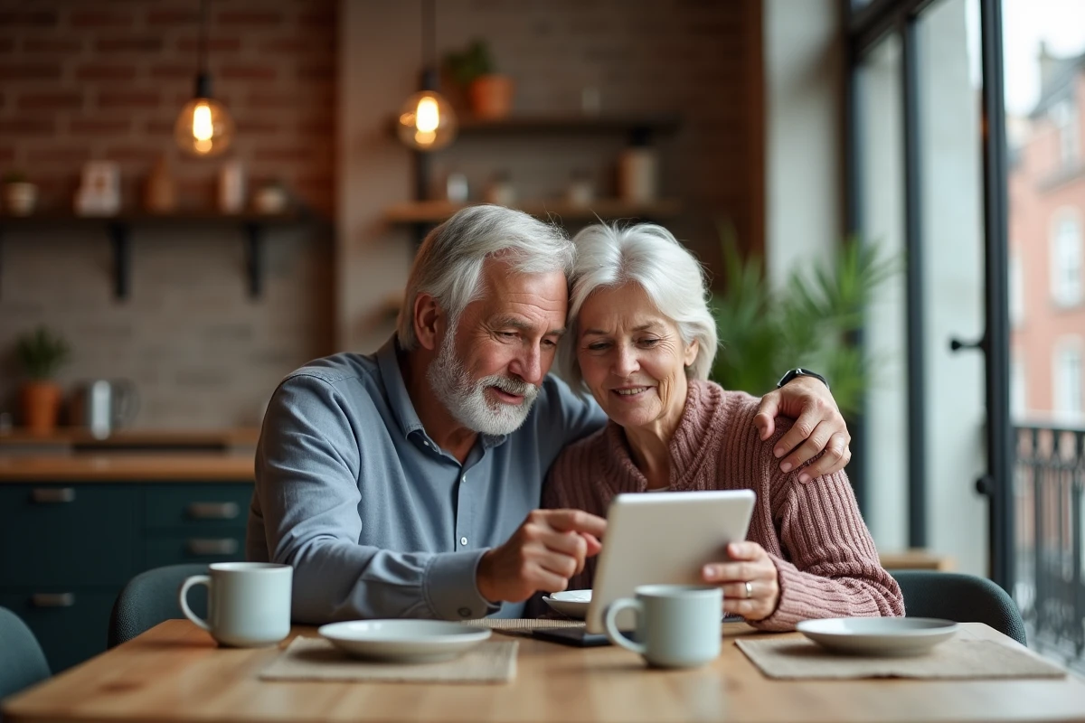 Couple de propriétaires consultant ensemble un site d'estimation immobilière gratuit sur une tablette à la maison