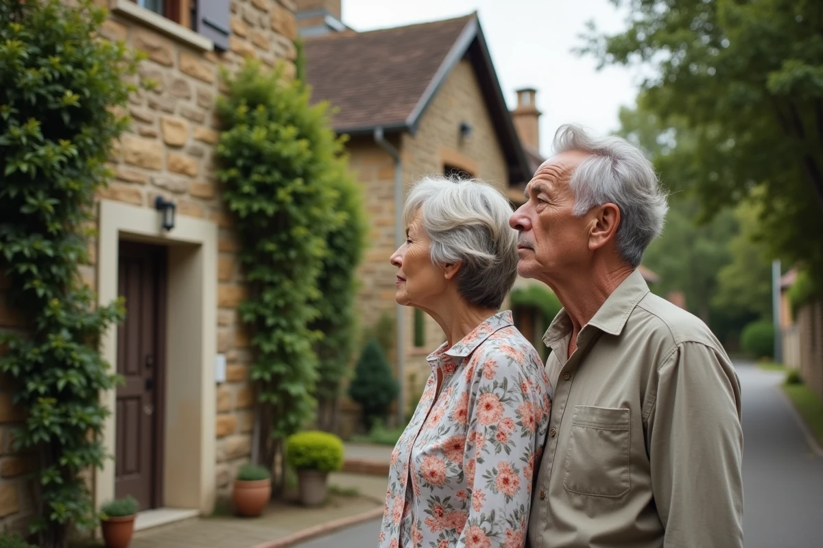 Couple de seniors devant leur maison en pierre envisageant une hypothèque pour financer leur retraite