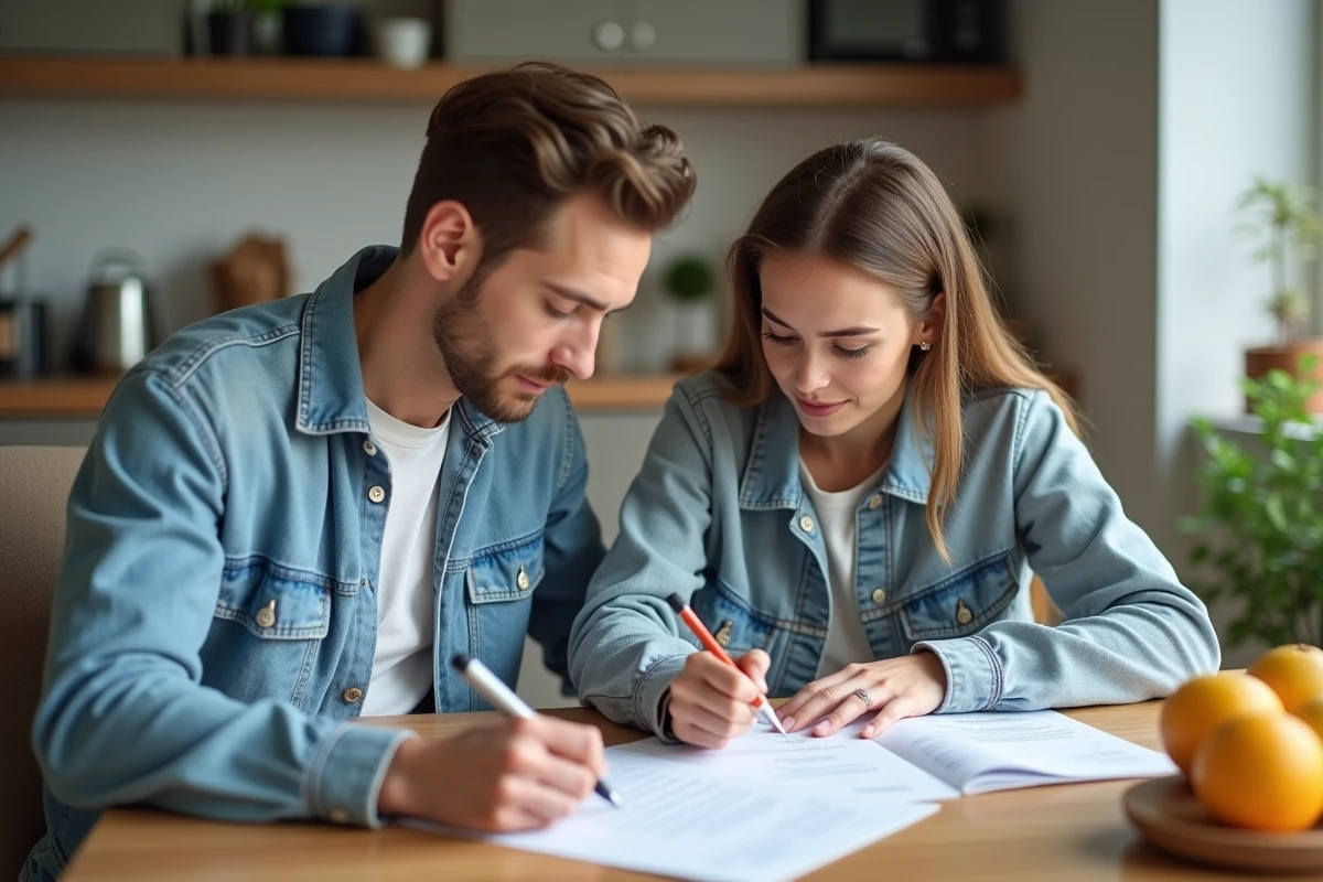 Jeune couple signant des documents dans une cuisine lumineuse
