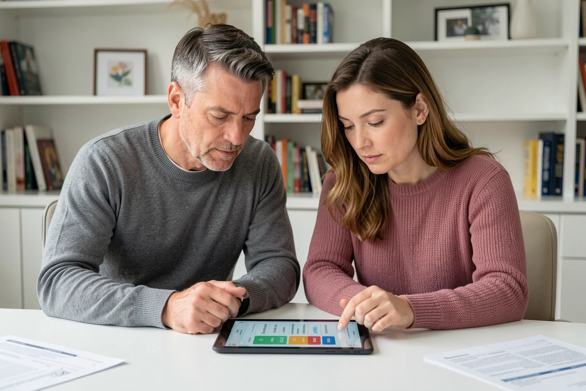 Couple étudiant ensemble une simulation de prêt immobilier de 200 000 euros sur une tablette dans un bureau à domicile
