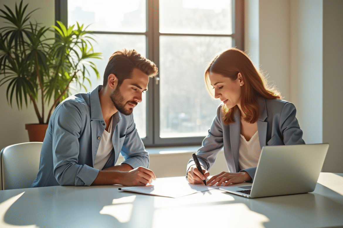 Jeune couple professionnel signant un contrat fiscal