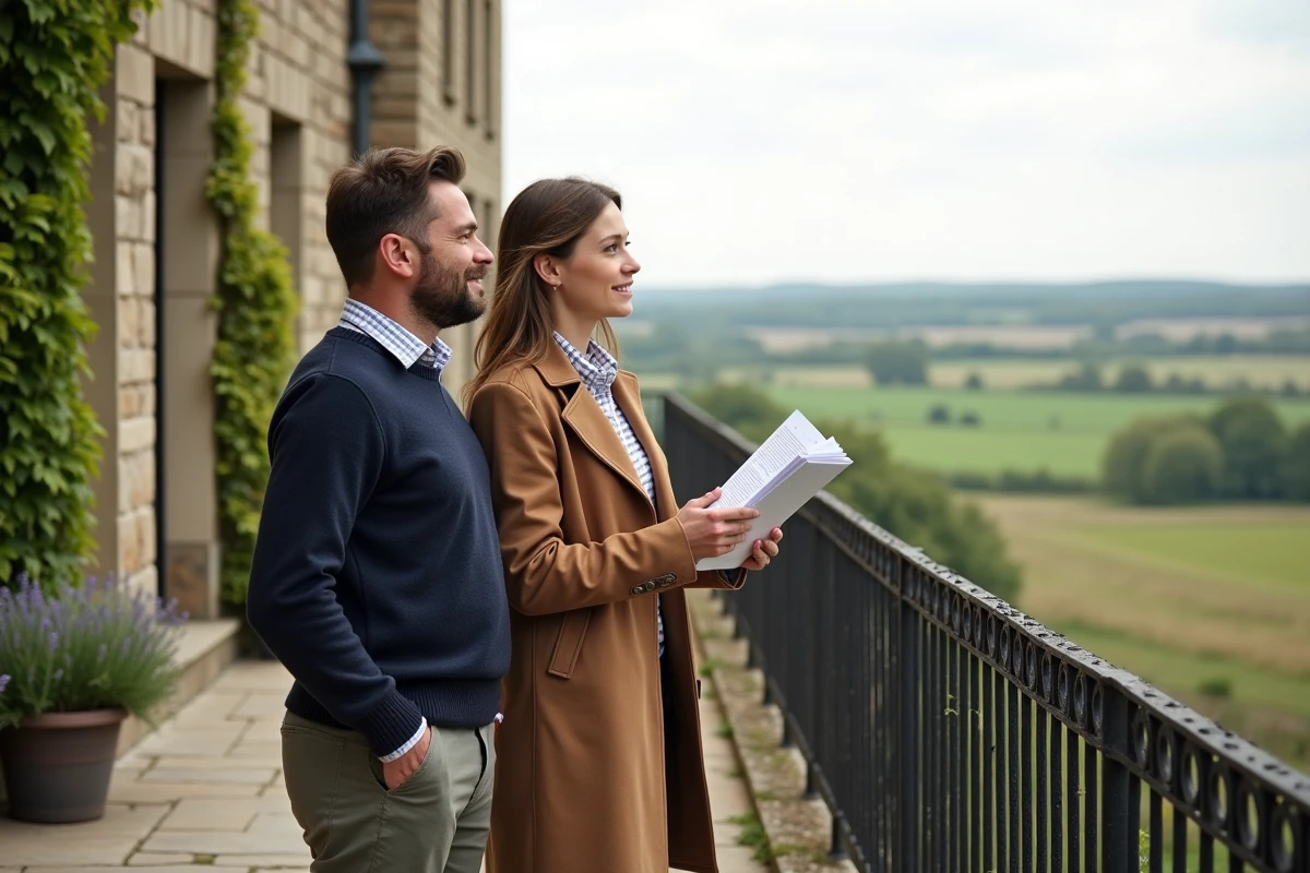 Couple visitant une maison normande à vendre depuis la terrasse avec vue sur la campagne