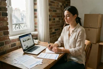 Jeune femme consultant une plateforme de demande de logement social à Paris, entourée de documents administratifs dans un appartement modeste