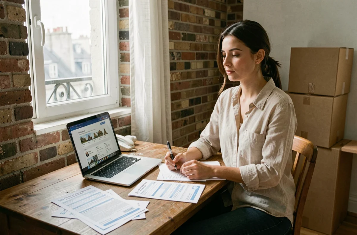 Jeune femme consultant une plateforme de demande de logement social à Paris, entourée de documents administratifs dans un appartement modeste