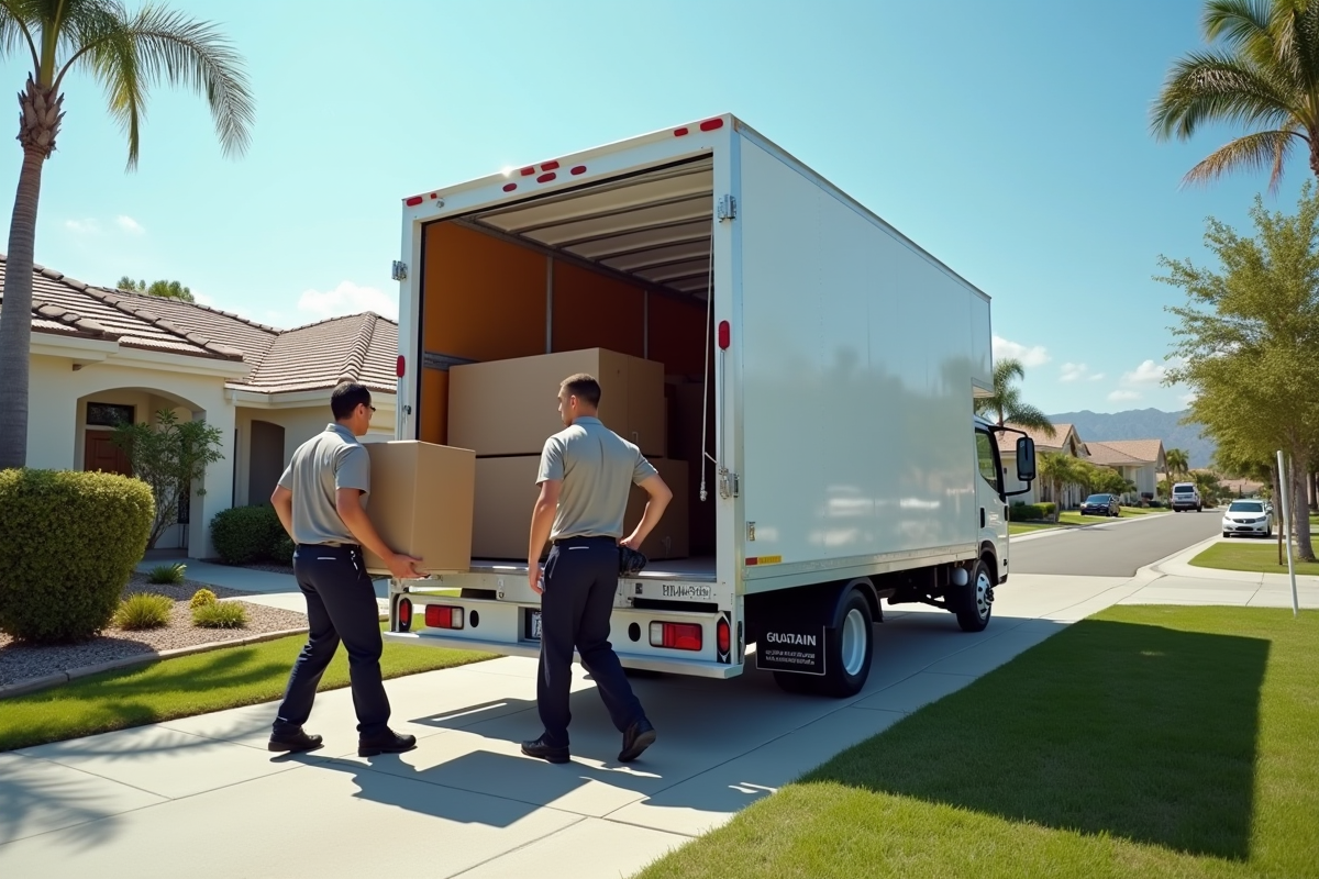 Camion de déménagement garé devant une maison avec des déménageurs