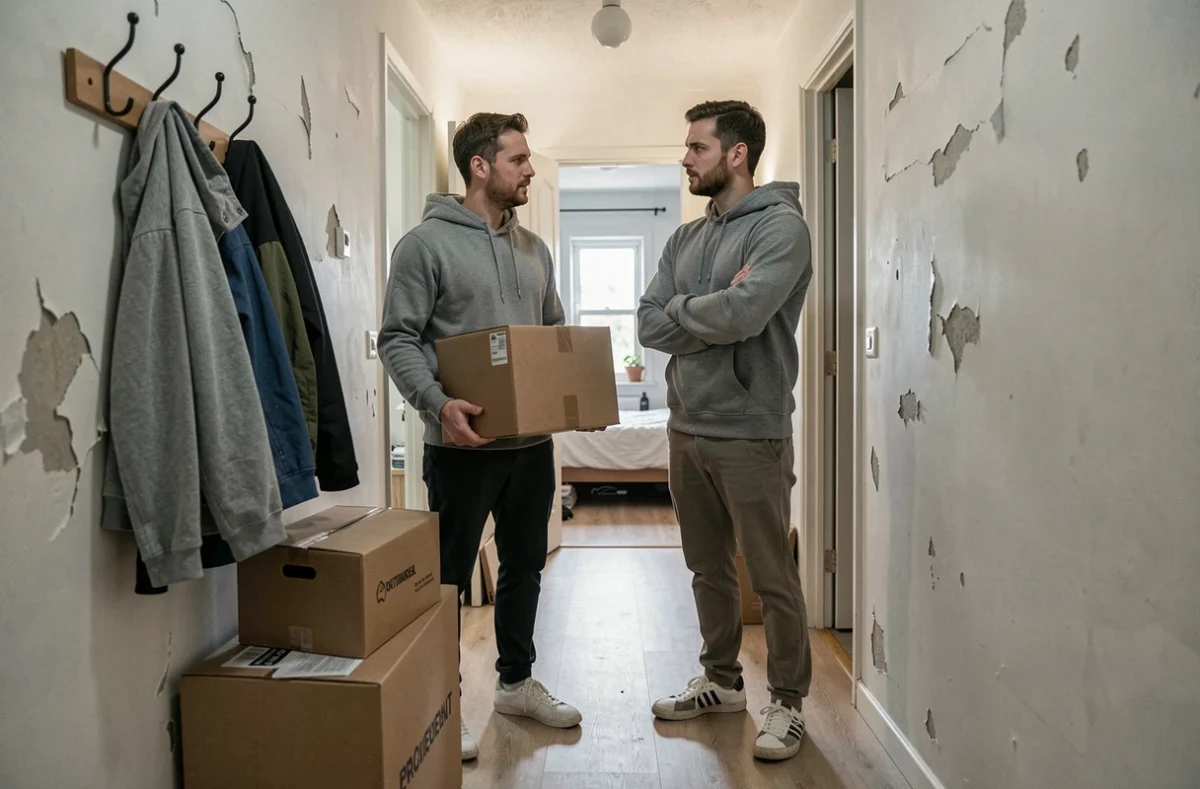 Deux colocataires dans le couloir d'un appartement partagé lors du départ de l'un d'eux avec des cartons de déménagement