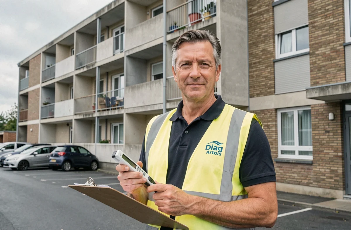 Christophe Consigny du cabinet Diag Artois diagnostiqueur immobilier devant un immeuble d'appartements typique de la région Artois Pas-de-Calais