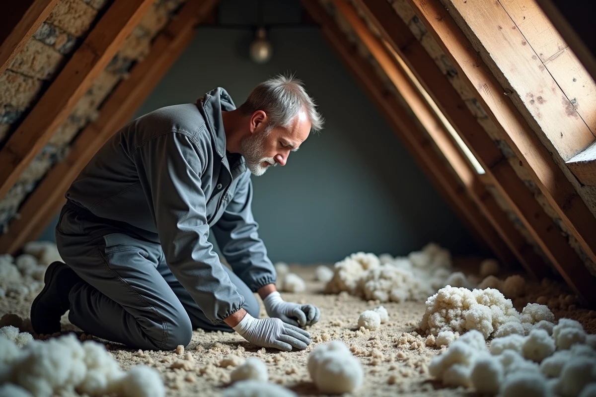 Technicien réalisant un diagnostic amiante dans les combles d'une maison ancienne avant transaction immobilière