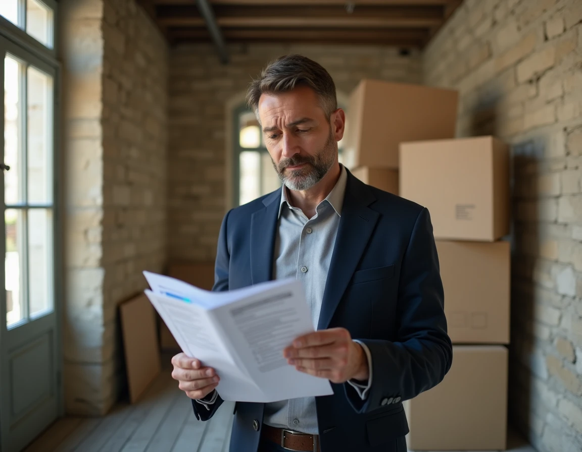 Agent immobilier examinant un dossier de diagnostics obligatoires dans un local commercial en copropriété de style haussmannien