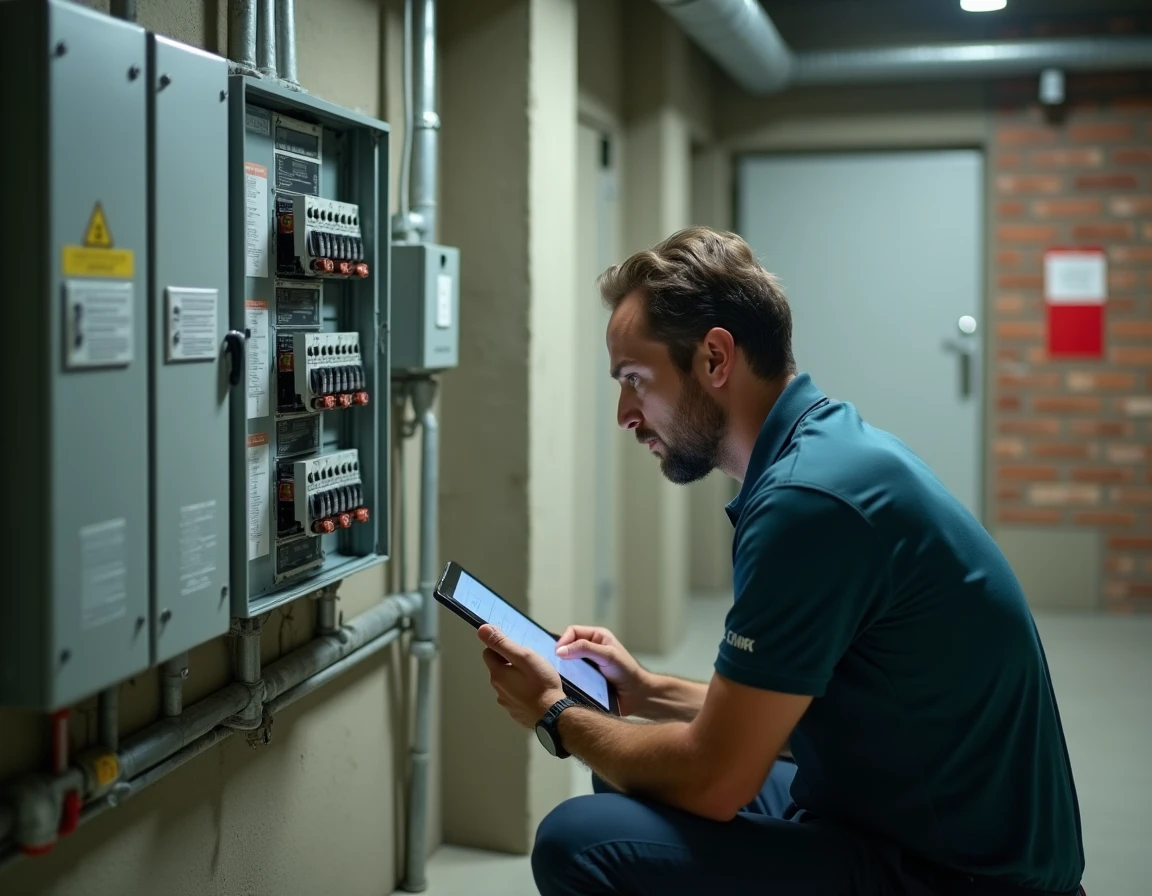 Technicien réalisant un diagnostic électrique dans les parties communes d'un immeuble en copropriété pour un bail commercial
