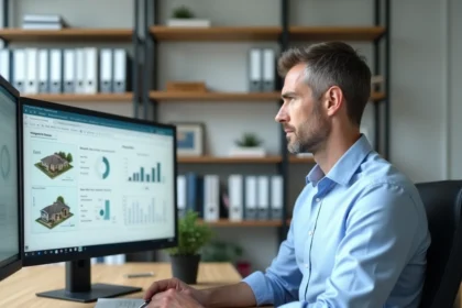 Diagnostiqueur immobilier analysant un logiciel de diagnostic sur ordinateur dans son bureau professionnel