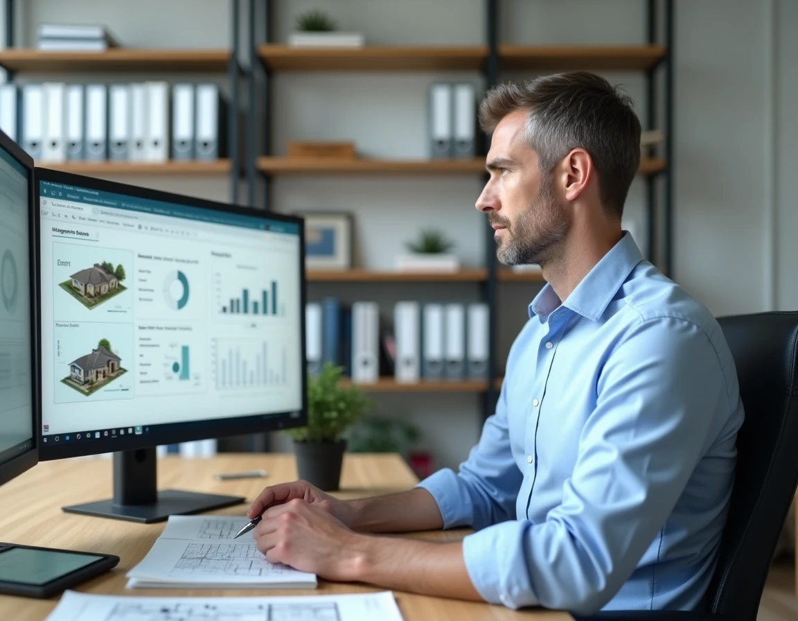 Diagnostiqueur immobilier analysant un logiciel de diagnostic sur ordinateur dans son bureau professionnel