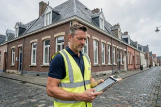 Diagnostiqueur immobilier professionnel devant des bâtiments typiques du Pas-de-Calais tenant une tablette et un rapport d'inspection