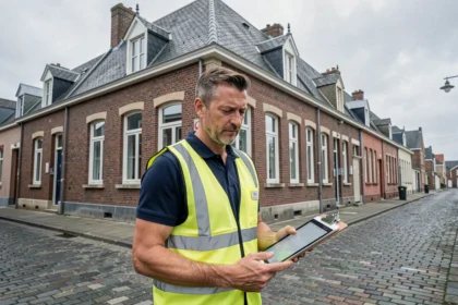 Diagnostiqueur immobilier professionnel devant des bâtiments typiques du Pas-de-Calais tenant une tablette et un rapport d'inspection