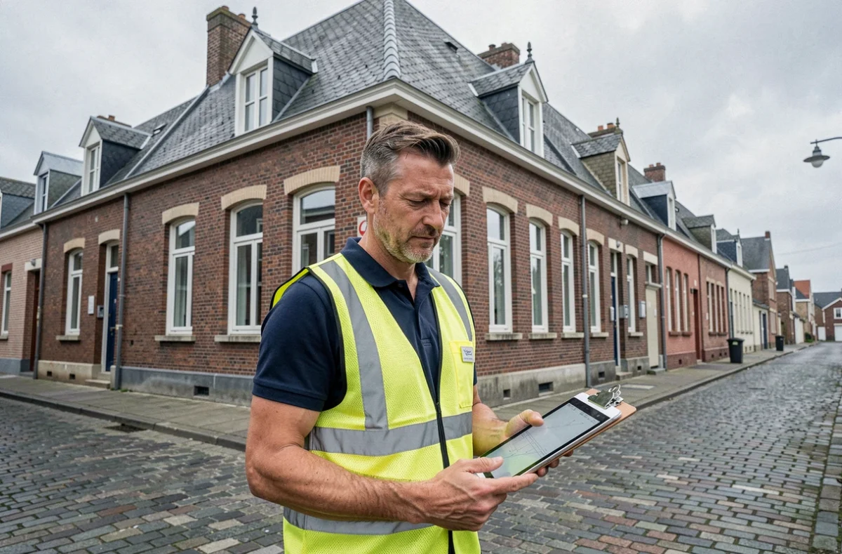 Diagnostiqueur immobilier professionnel devant des bâtiments typiques du Pas-de-Calais tenant une tablette et un rapport d'inspection