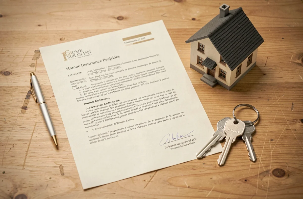 Documents d'assurance habitation, stylo et clés de maison sur un bureau en bois