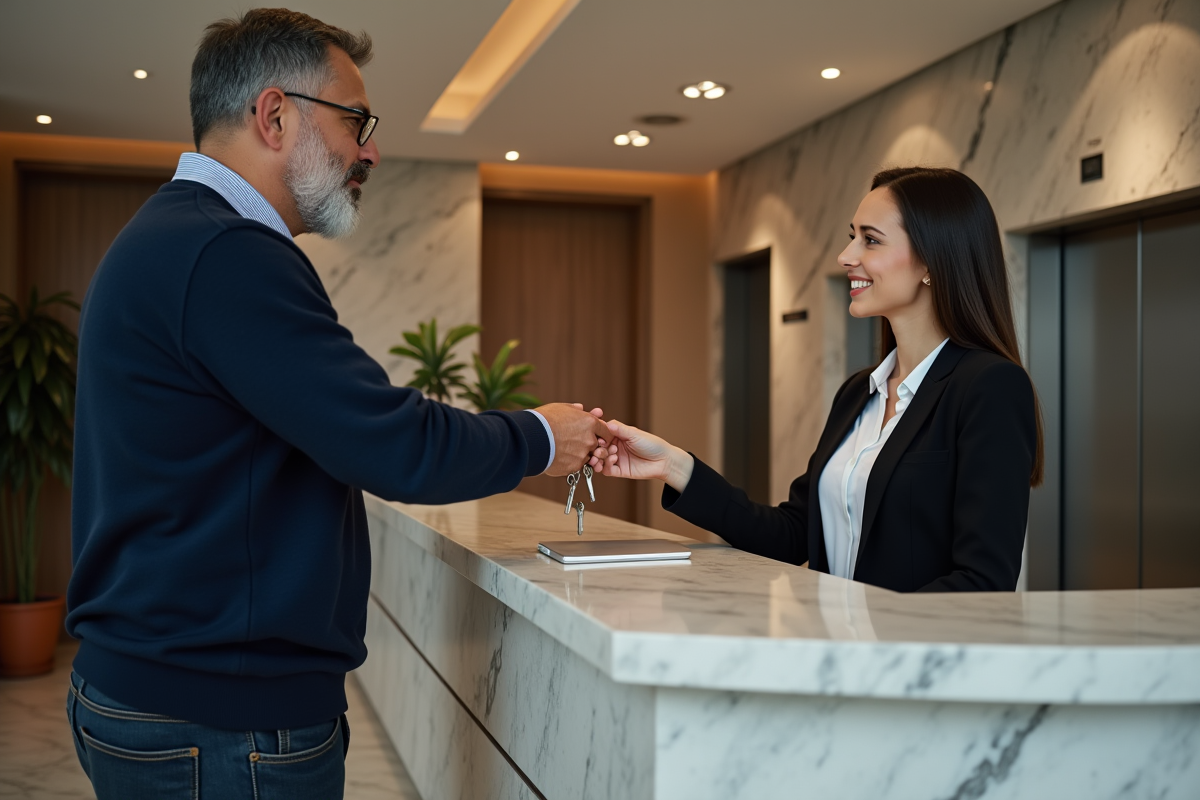 Homme remet des clés à une femme dans le hall d