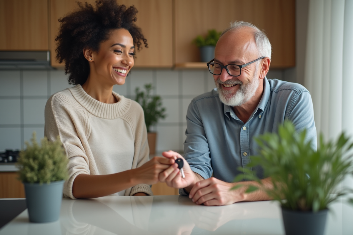 Homme et femme échangeant des clés dans une cuisine chaleureuse