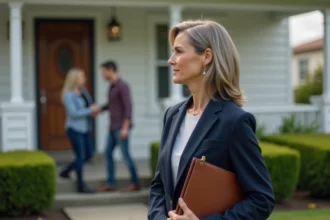 Agente immobilière en discussion avec des propriétaires devant leur maison pour une estimation immobilière locale