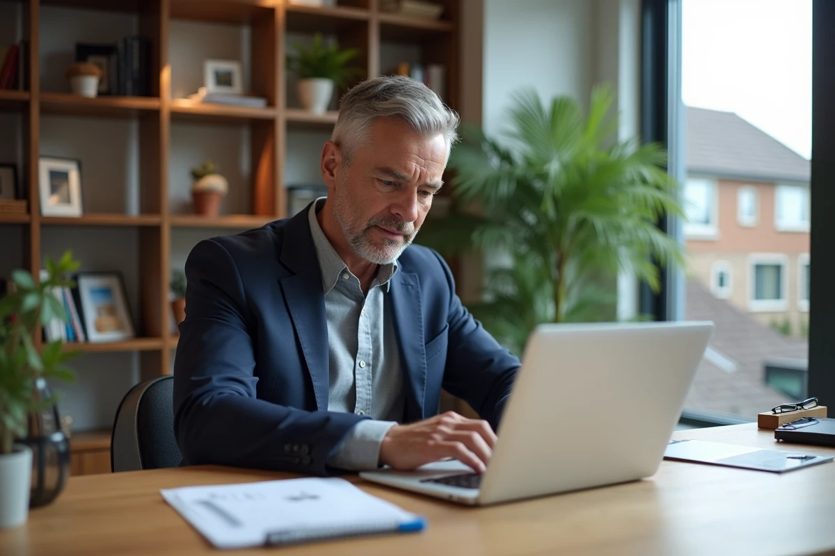 Propriétaire consultant une estimation immobilière gratuite en ligne sur son ordinateur dans un bureau moderne