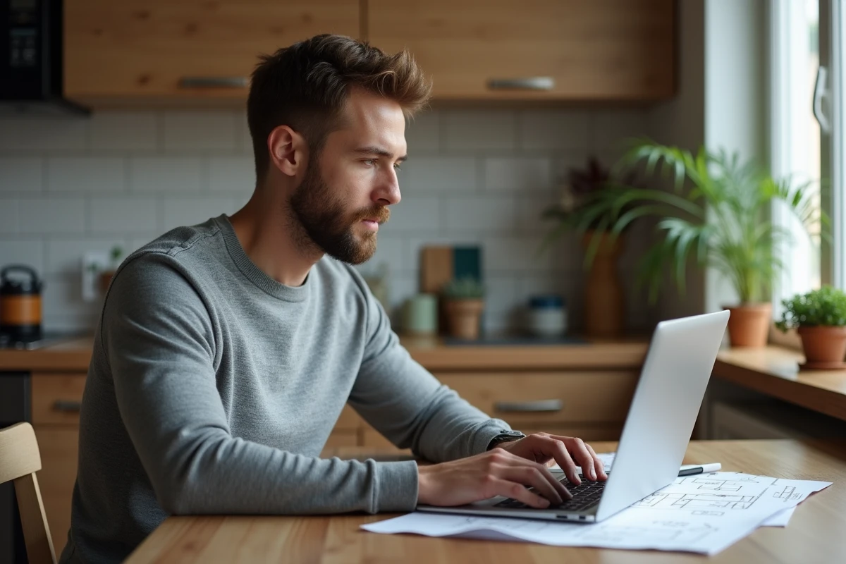 Homme utilisant un site d'estimation immobilière en ligne sur ordinateur portable depuis chez lui