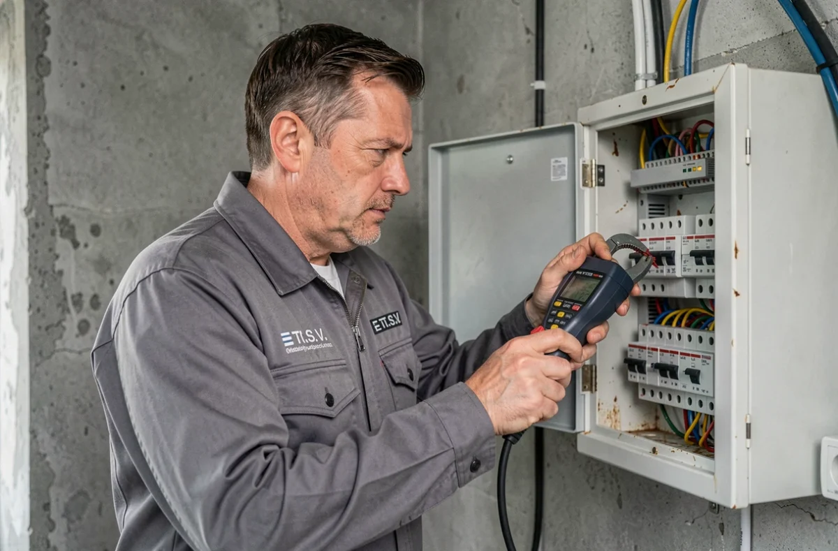 Technicien de l'entreprise E.T.S.V. réalisant un diagnostic électrique sur un tableau de disjoncteurs dans une maison ancienne du Pas-de-Calais