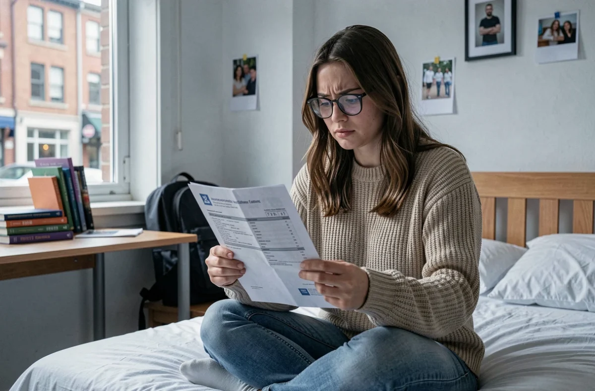 Étudiante lisant attentivement son contrat d'assurance habitation dans sa chambre en colocation